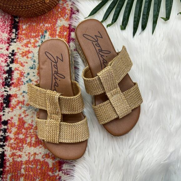 Zodiac Tan Silver Metallic Slip On Chunky Woven Boho Izzy Platform Sandal 9.5 - Picture 2 of 10